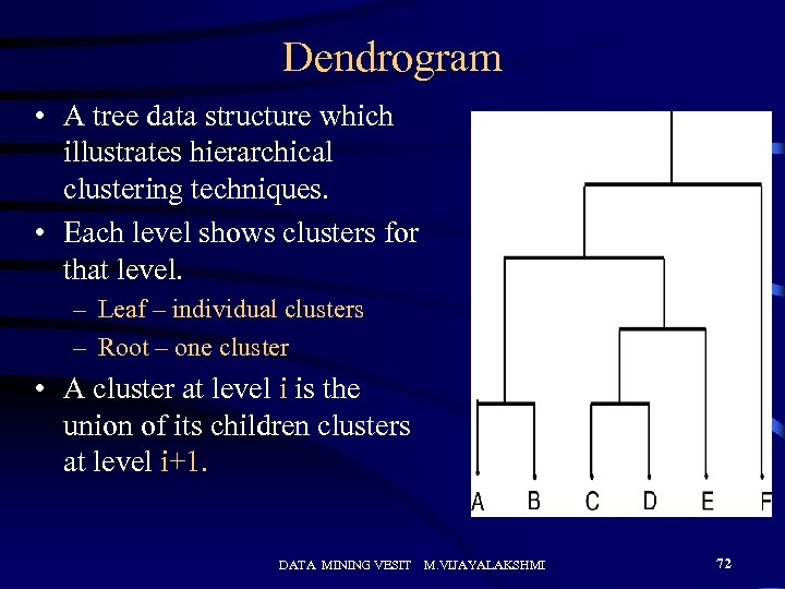 Dendrogram • A tree data structure which illustrates hierarchical clustering techniques. • Each level