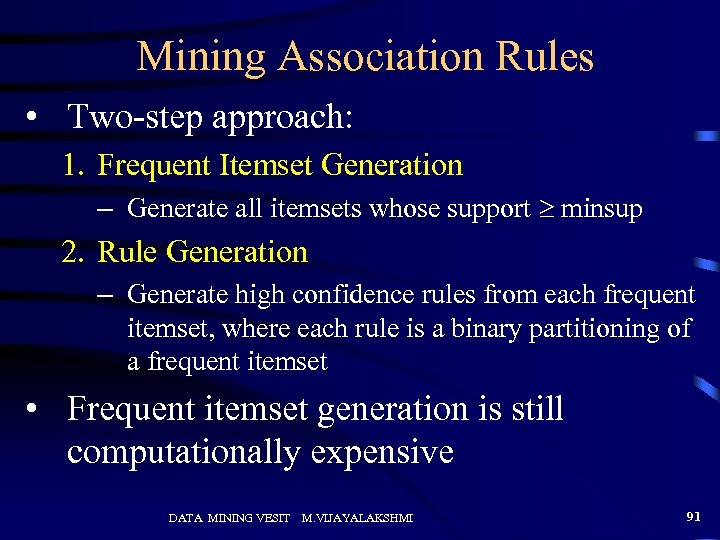 Mining Association Rules • Two-step approach: 1. Frequent Itemset Generation – Generate all itemsets