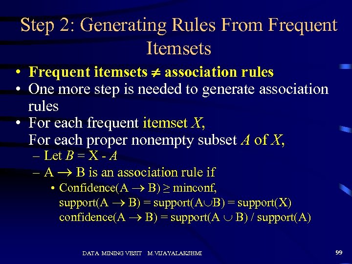 Step 2: Generating Rules From Frequent Itemsets • Frequent itemsets association rules • One