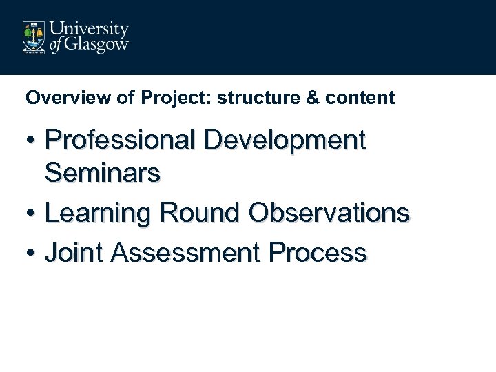 Overview of Project: structure & content • Professional Development Seminars • Learning Round Observations