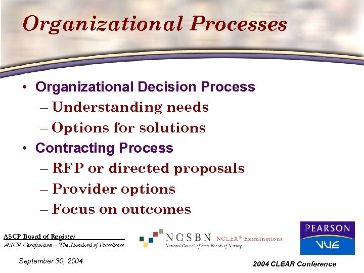 Organizational Processes • Organizational Decision Process – Understanding needs – Options for solutions •