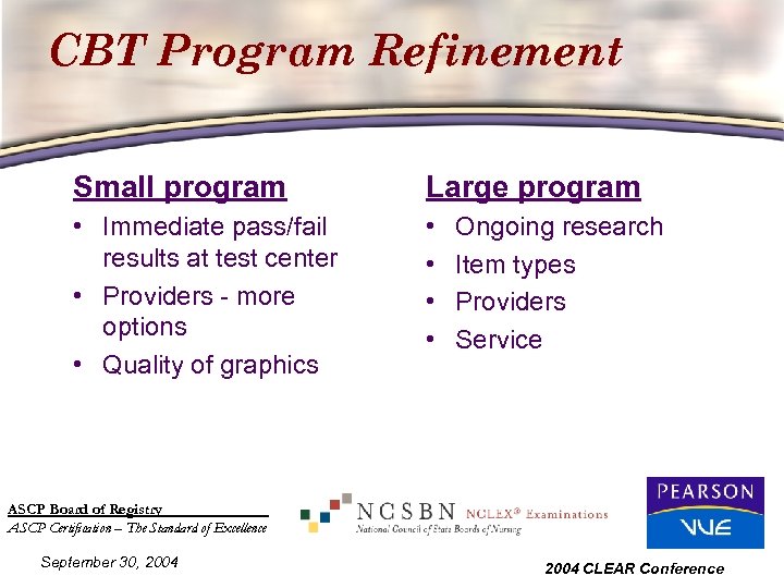 CBT Program Refinement Small program Large program • Immediate pass/fail results at test center