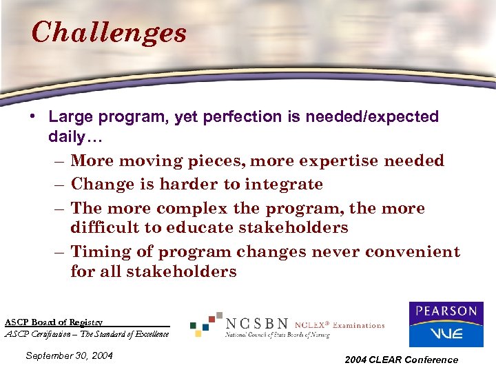 Challenges • Large program, yet perfection is needed/expected daily… – More moving pieces, more