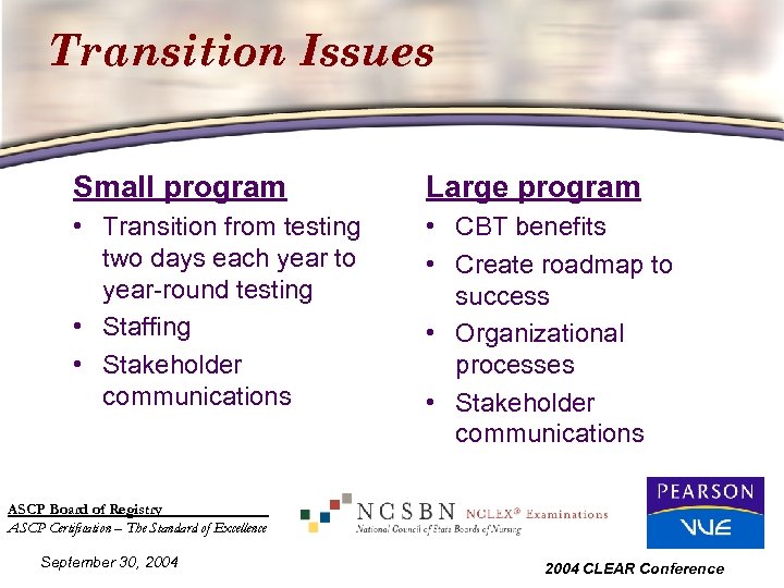 Transition Issues Small program Large program • Transition from testing two days each year