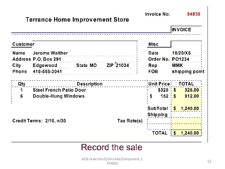 Record the sale ADB Grant No. 0133 -CAM/Component 1: PFMRD 15 