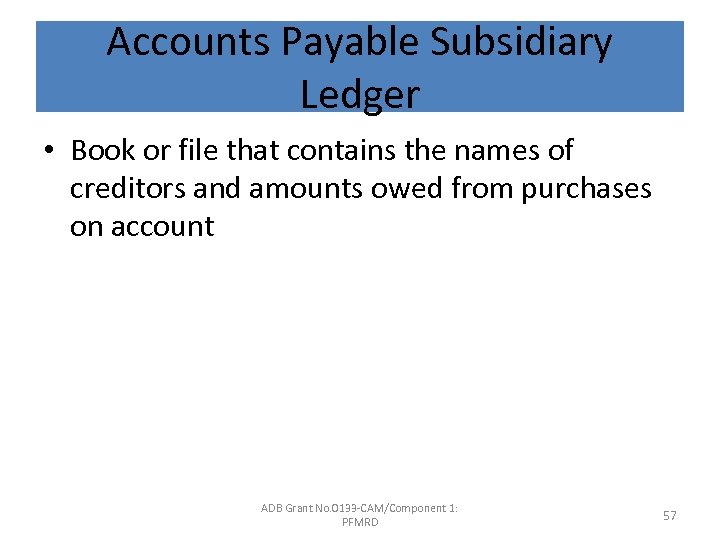 Accounts Payable Subsidiary Ledger • Book or file that contains the names of creditors