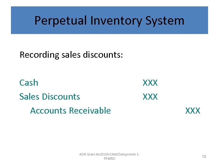 Perpetual Inventory System Recording sales discounts: Cash Sales Discounts Accounts Receivable ADB Grant No.