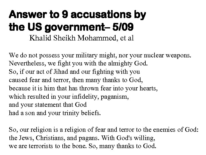 Answer to 9 accusations by the US government– 5/09 Khalid Sheikh Mohammed, et al