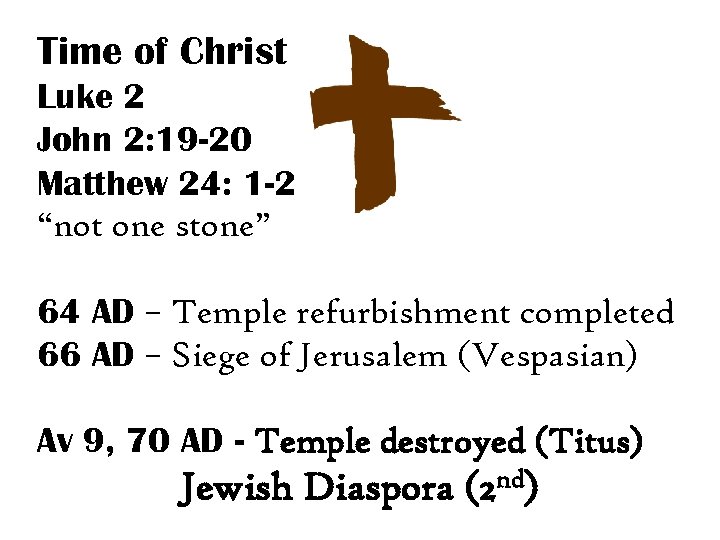 Time of Christ Luke 2 John 2: 19 -20 Matthew 24: 1 -2 “not