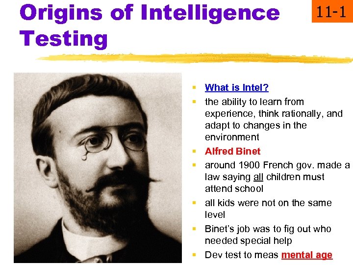 Origins of Intelligence Testing 11 -1 § What is Intel? § the ability to