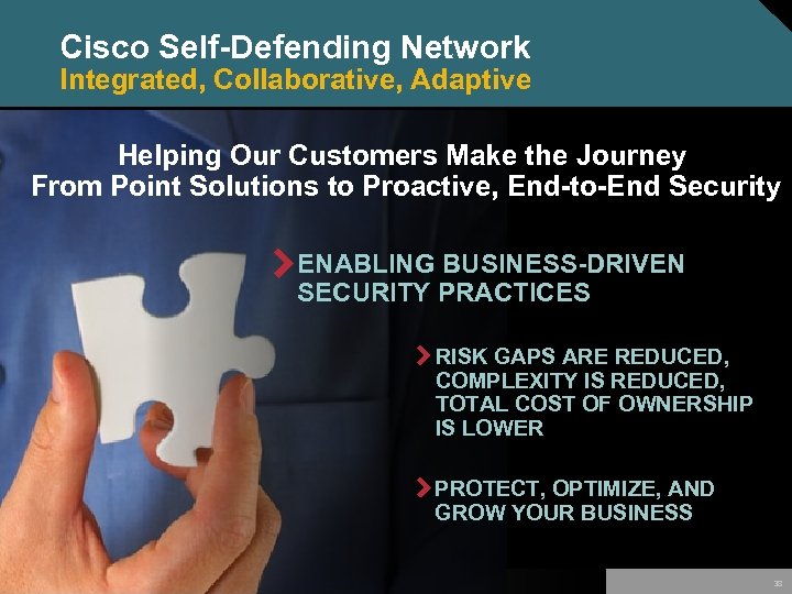 Cisco Self-Defending Network Integrated, Collaborative, Adaptive Helping Our Customers Make the Journey From Point