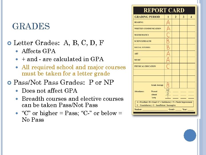 GRADES Letter Grades: A, B, C, D, F Affects GPA + and - are