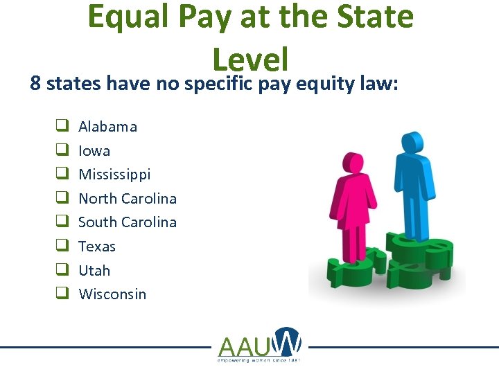 Equal Pay at the State Level 8 states have no specific pay equity law: