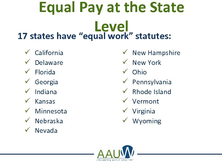 Equal Pay at the State Level statutes: 17 states have “equal work” ü ü