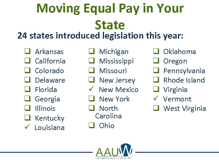 Moving Equal Pay in Your State 24 states introduced legislation this year: q q