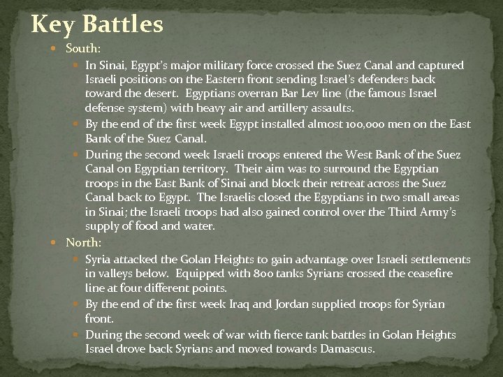 Key Battles South: In Sinai, Egypt’s major military force crossed the Suez Canal and