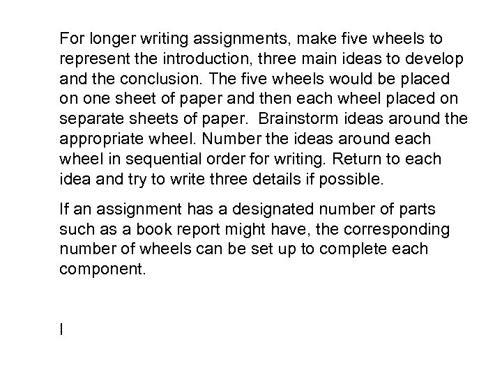 For longer writing assignments, make five wheels to represent the introduction, three main ideas