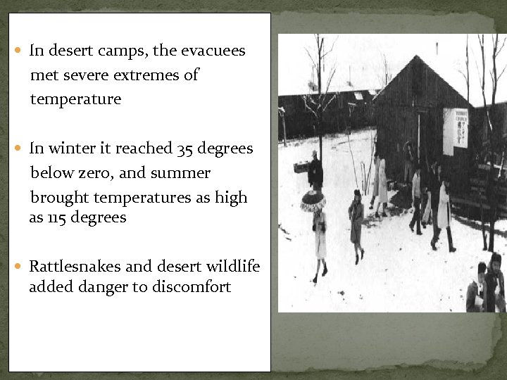  In desert camps, the evacuees met severe extremes of temperature In winter it