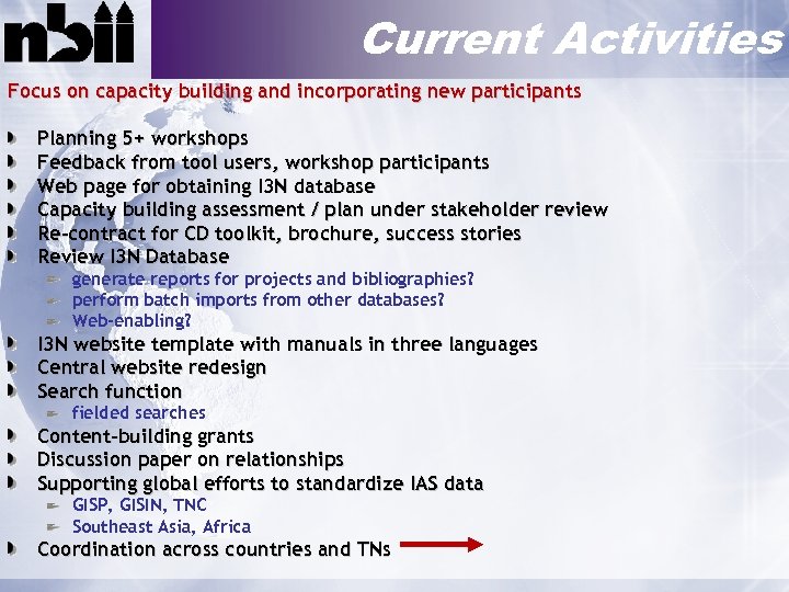 Current Activities Focus on capacity building and incorporating new participants Planning 5+ workshops Feedback