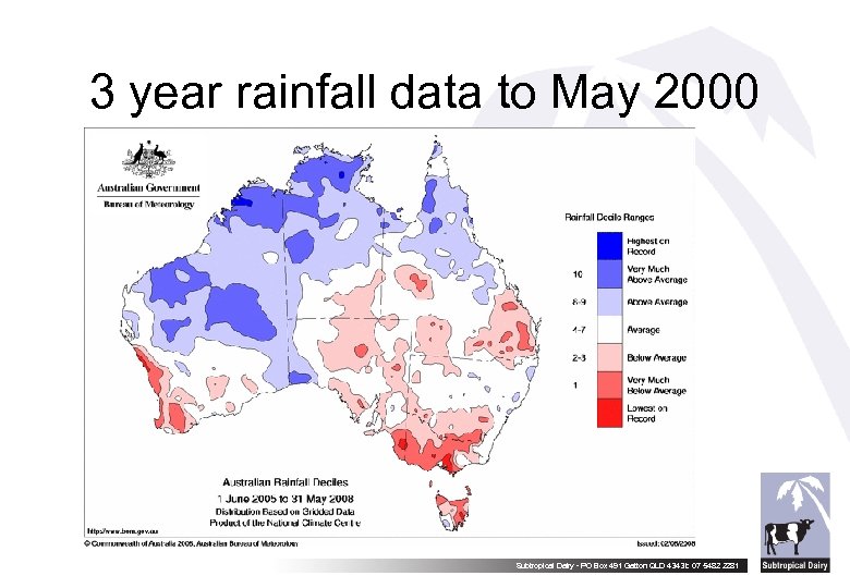 3 year rainfall data to May 2000 Subtropical Dairy - PO Box 491 Gatton