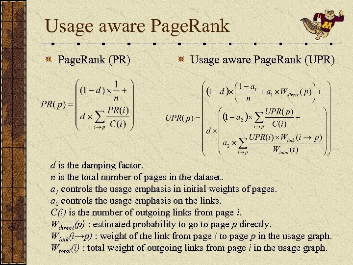 Usage aware Page. Rank (PR) Usage aware Page. Rank (UPR) d is the damping