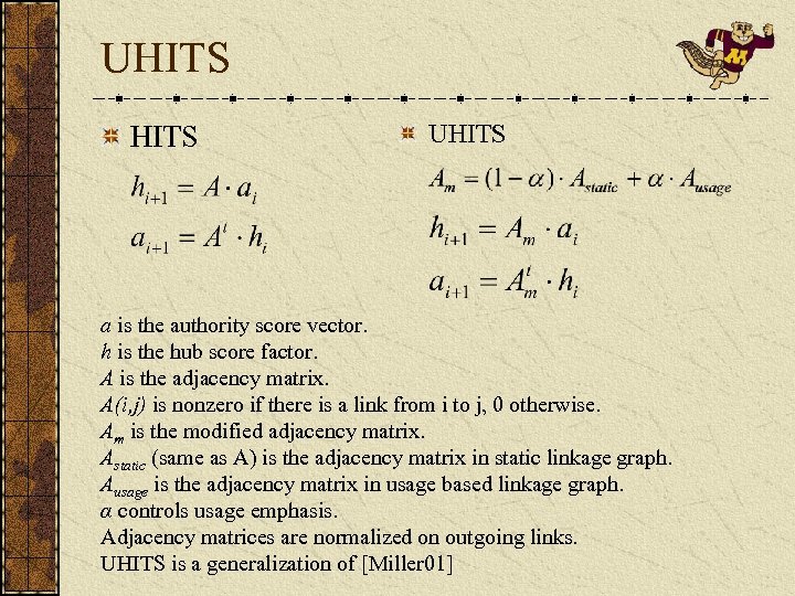 UHITS a is the authority score vector. h is the hub score factor. A