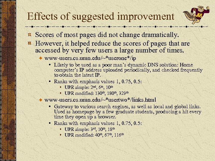 Effects of suggested improvement Scores of most pages did not change dramatically. However, it