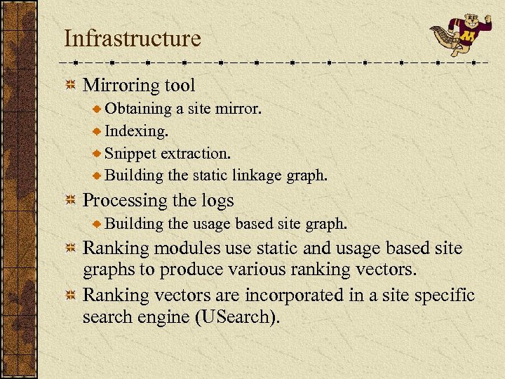 Infrastructure Mirroring tool Obtaining a site mirror. Indexing. Snippet extraction. Building the static linkage