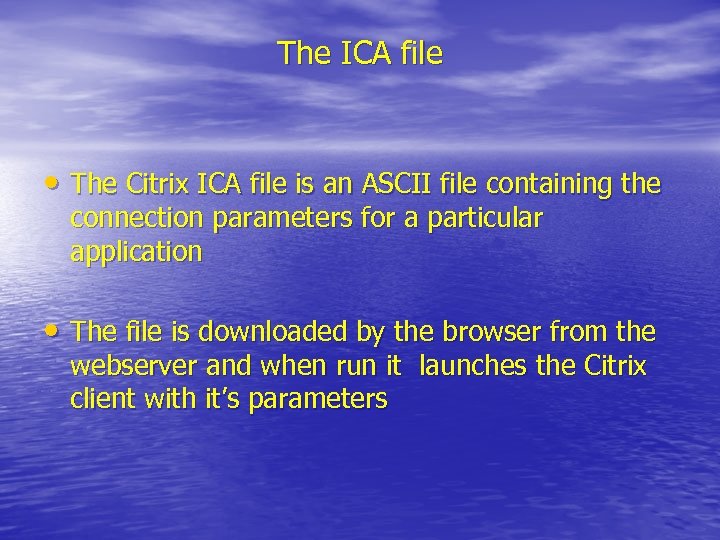 The ICA file • The Citrix ICA file is an ASCII file containing the