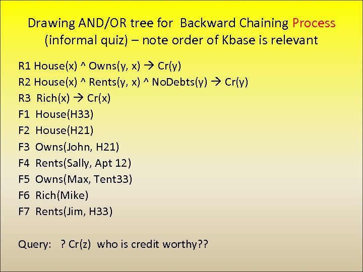 Drawing AND/OR tree for Backward Chaining Process (informal quiz) – note order of Kbase