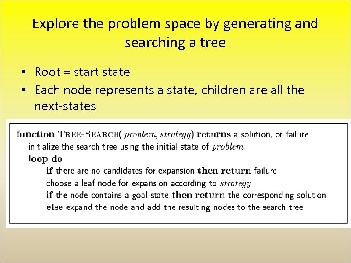 Explore the problem space by generating and searching a tree • Root = start