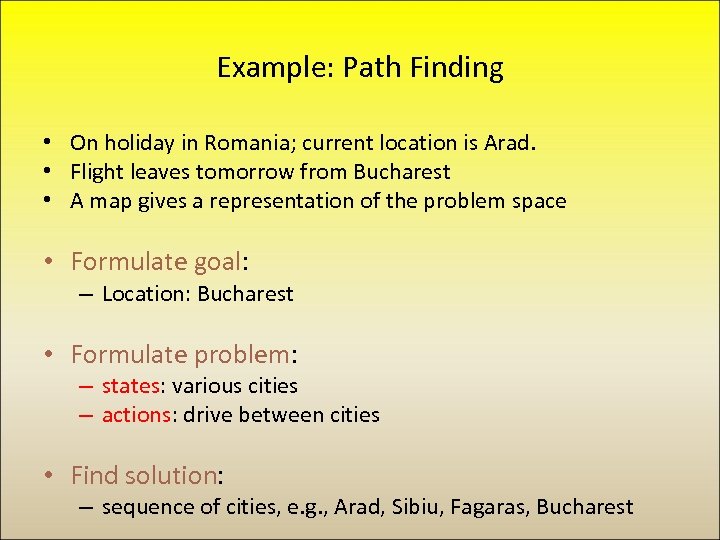 Example: Path Finding • On holiday in Romania; current location is Arad. • Flight