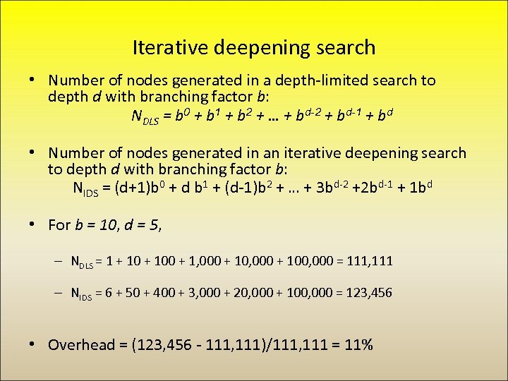 Iterative deepening search • Number of nodes generated in a depth-limited search to depth