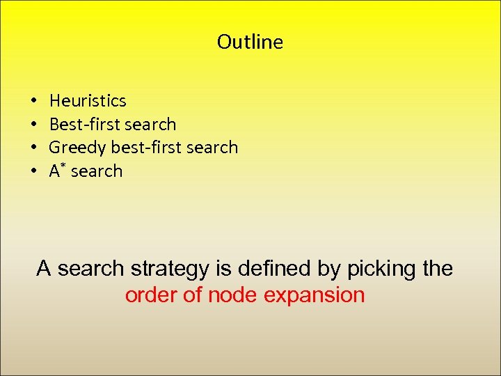 Outline • • Heuristics Best-first search Greedy best-first search A* search A search strategy