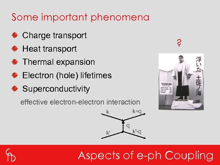 Some important phenomena Charge transport ? Heat transport Thermal expansion Electron (hole) lifetimes Superconductivity