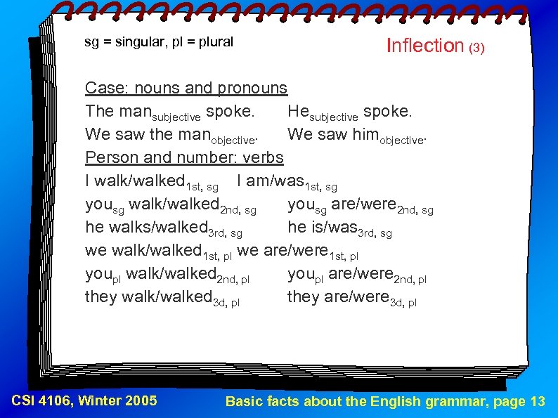 sg = singular, pl = plural Inflection (3) Case: nouns and pronouns The mansubjective