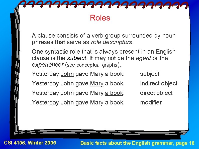Roles A clause consists of a verb group surrounded by noun phrases that serve