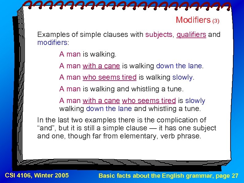 Modifiers (3) Examples of simple clauses with subjects, qualifiers and modifiers: A man is