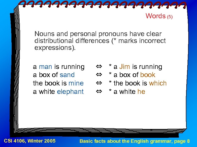 Words (5) Nouns and personal pronouns have clear distributional differences (* marks incorrect expressions).