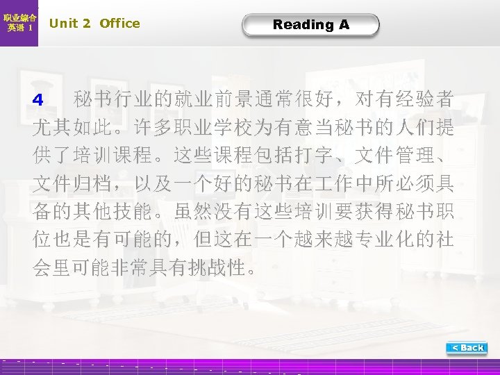 职业综合 英语 1 Unit 2 Office Reading A A-Trans-4 4 秘 书 行 业