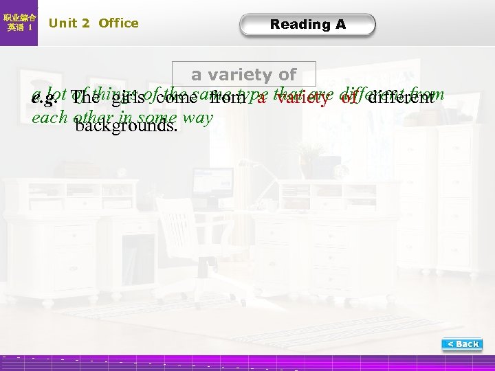 职业综合 英语 1 Unit 2 Office Reading A a variety of a lot The