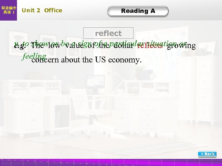 职业综合 英语 1 Unit 2 Office Reading A reflect v. to The lowbe a