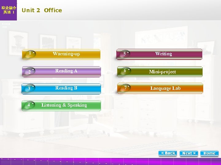 职业综合 英语 1 Unit 2 Office Conte nts 1 Warming-up 5 Writing 2 Reading