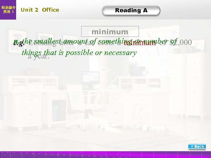 职业综合 英语 1 Unit 2 Office Reading A minimum n. the smallestafter a cat