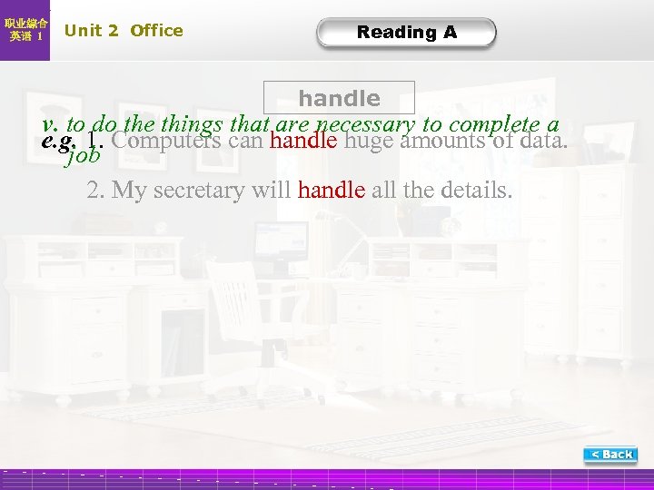 职业综合 英语 1 Unit 2 Office Reading A handle v. to do the things
