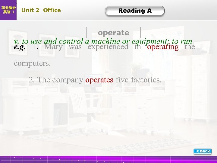 职业综合 英语 1 Unit 2 Office Reading A operate v. to use and control