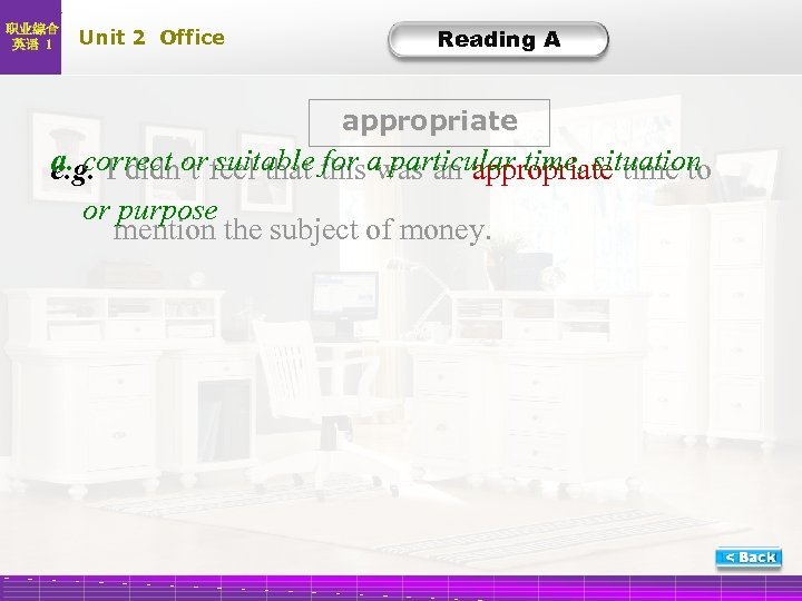 职业综合 英语 1 Unit 2 Office Reading A appropriate a. correct or feel that