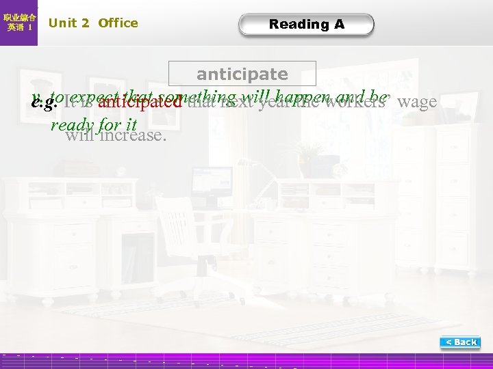 职业综合 英语 1 Unit 2 Office Reading A anticipate v. to. It is anticipated