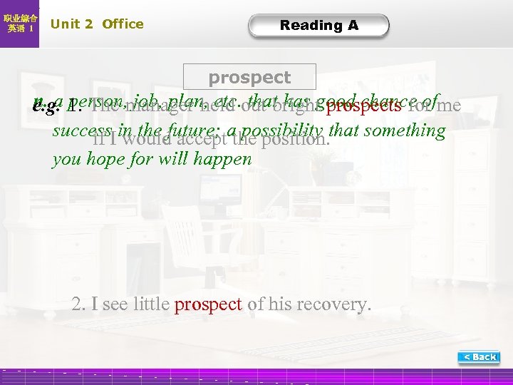 职业综合 英语 1 Unit 2 Office Reading A prospect n. a 1. The manager