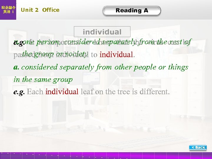 职业综合 英语 1 Unit 2 Office Reading A individual n. one person, considered separately